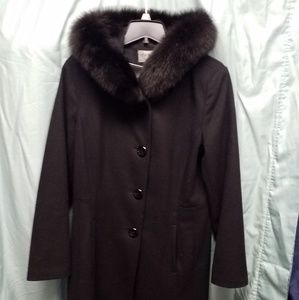 Fox fur trimmed wool coat